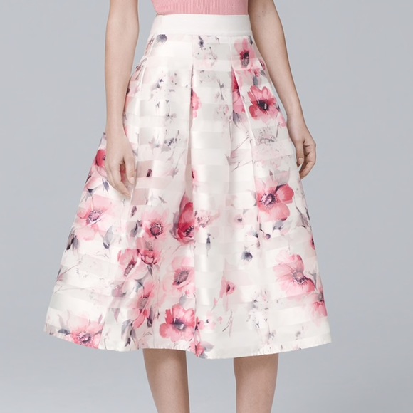 White House Black Market Dresses & Skirts - WHBM PINK TINT SATIN STRIPE FLORAL FULL SKIRT